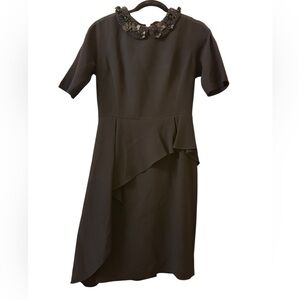 Teri Jon black crepe asymmetrical peplum dress embellished neckline dress size 6